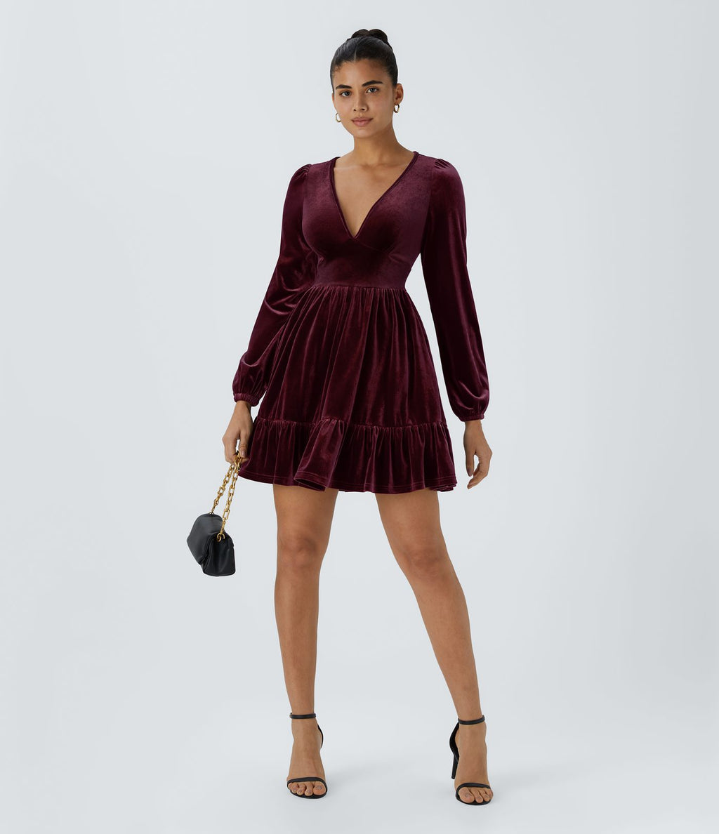 Quotidien Robe de Soirée Mini en Velours à Encolure en V Profond et Ourlet Volanté