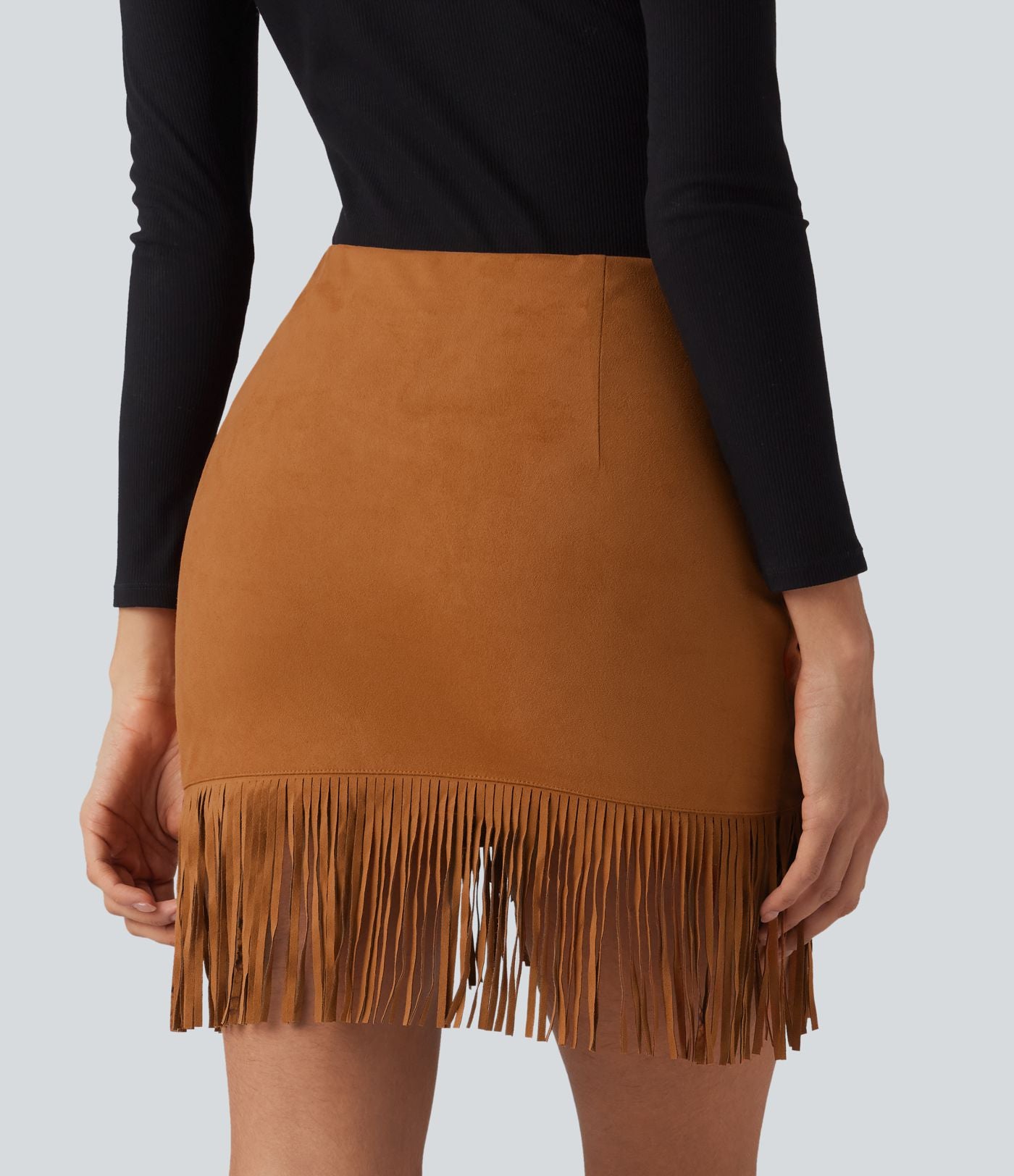 Jupe mini moulante décontractée 2-en-1 effet daim taille haute à franges