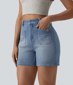 Short denim décontracté Halara Flex™ délavé taille haute 10 cm avec poches