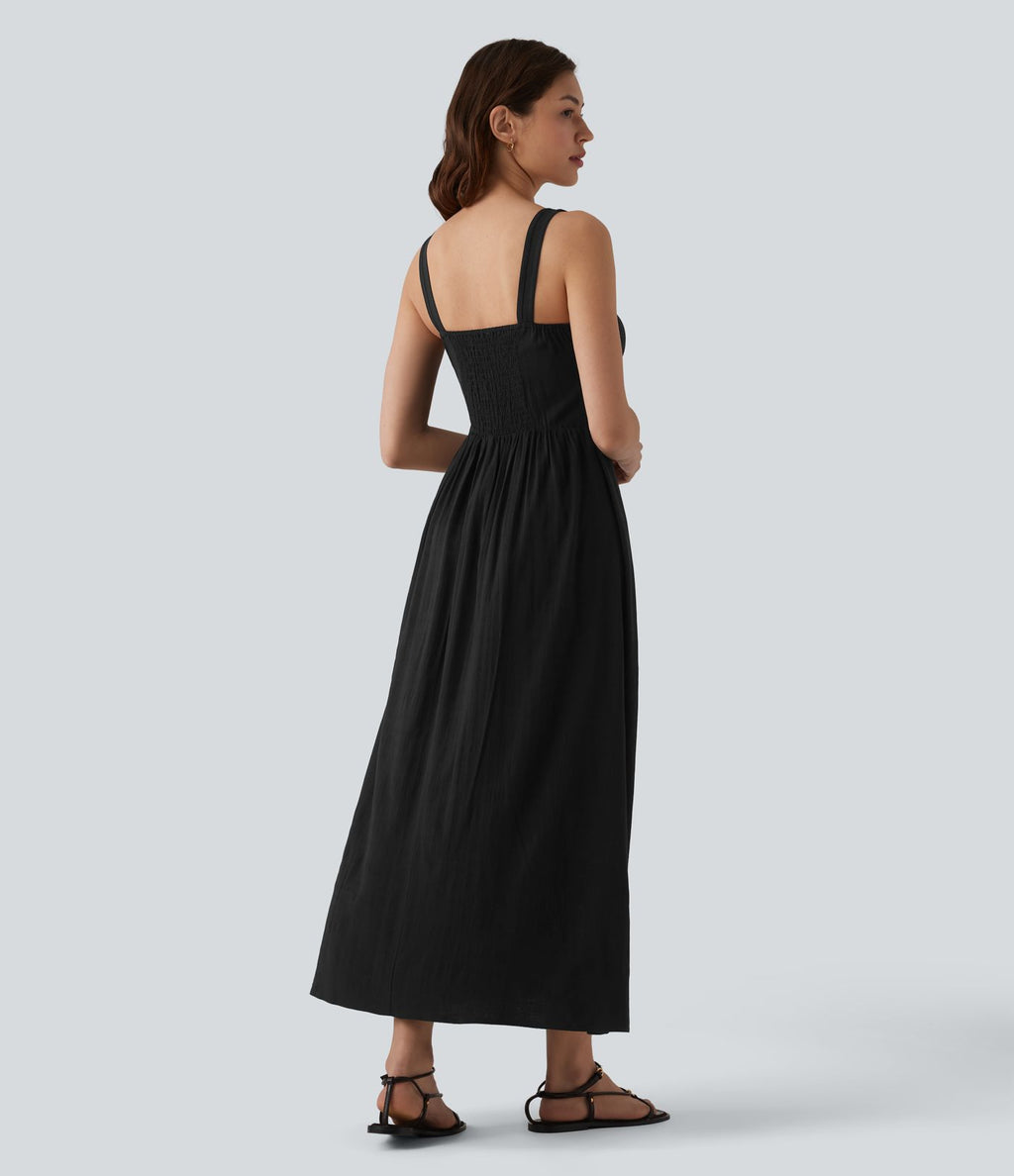 Robe mi-longue casual aspect lin col U avec nœud devant corset