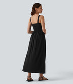 Robe mi-longue casual aspect lin col U avec nœud devant corset
