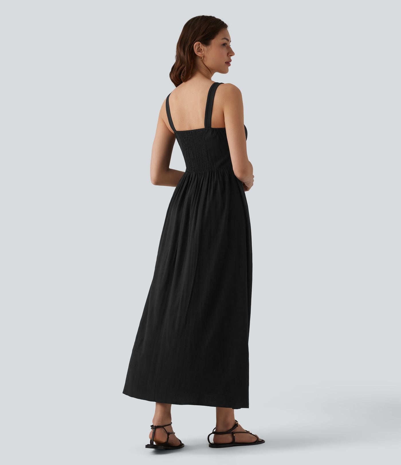 Robe mi-longue casual aspect lin col U avec nœud devant corset