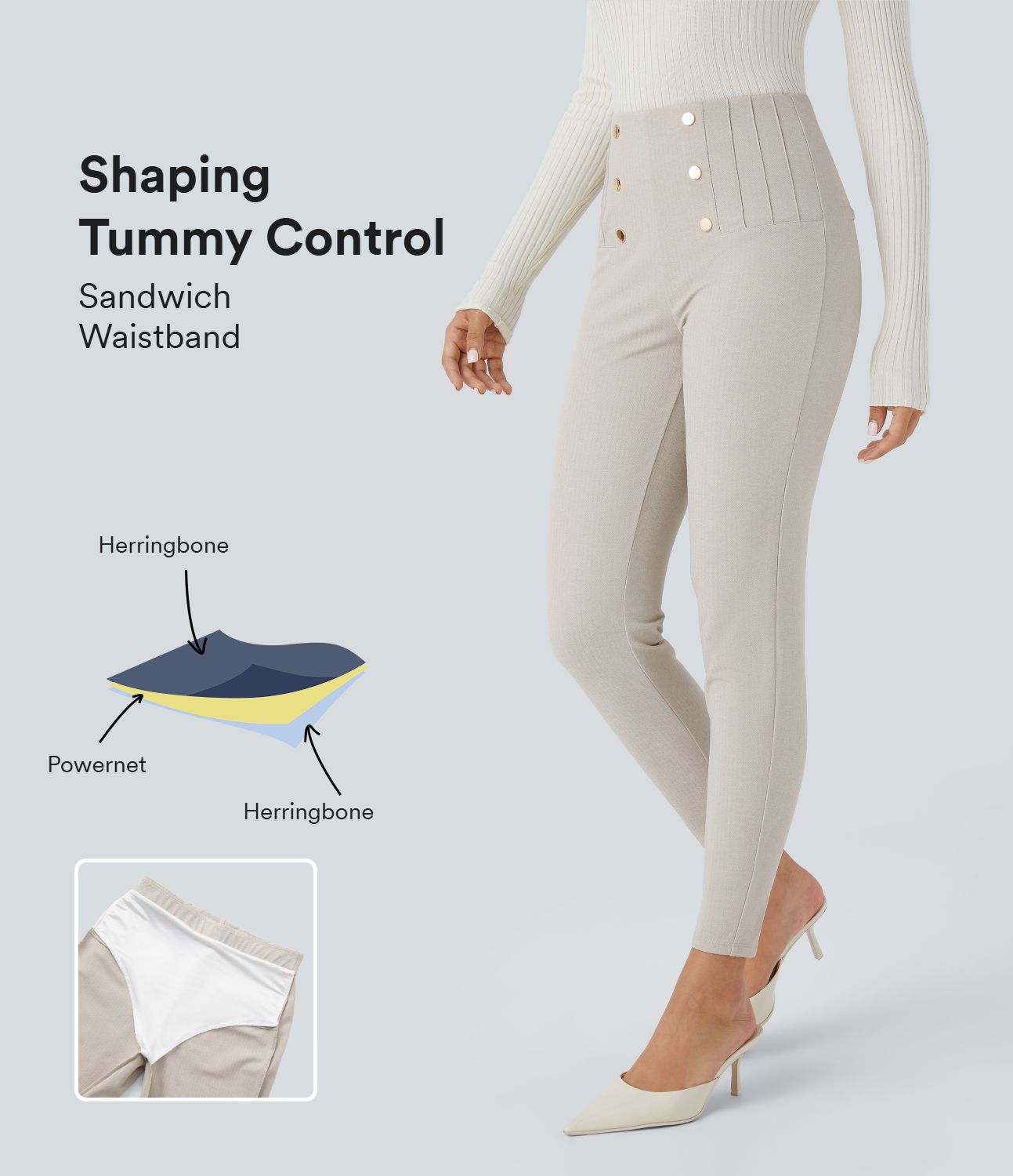Pantalon tailleur skinny gainant taille haute à chevrons avec poches arrière zippées décoratives