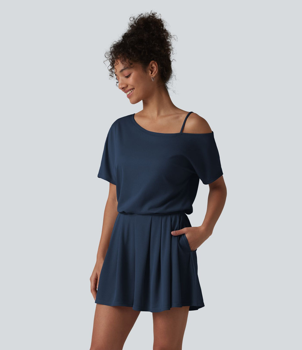 Combishort casual asymétrique manches courtes plissé en nid d'abeille avec poches - Édition Easy Peasy