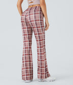 Pantalon Casual à Carreaux Évasé et Taille Haute avec Poches