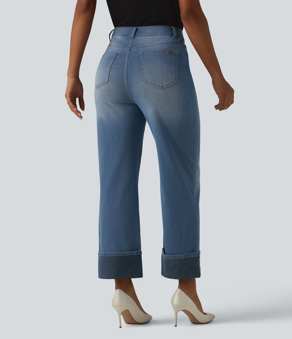 Jean coupe droite Halara Flex™ délavé décontracté, taille haute, à revers, à poches