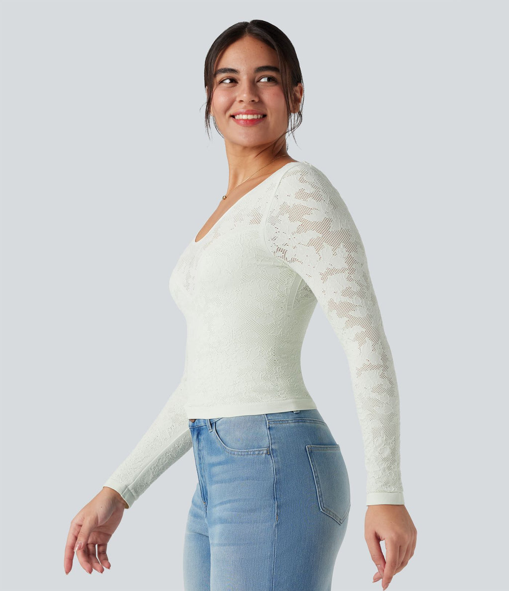 Haut de sport col U dos nu jacquard à manches longues sans couture OneForm Seamless Flow