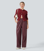 Pantalon décontracté tissu enduit taille haute coupe droite avec poches