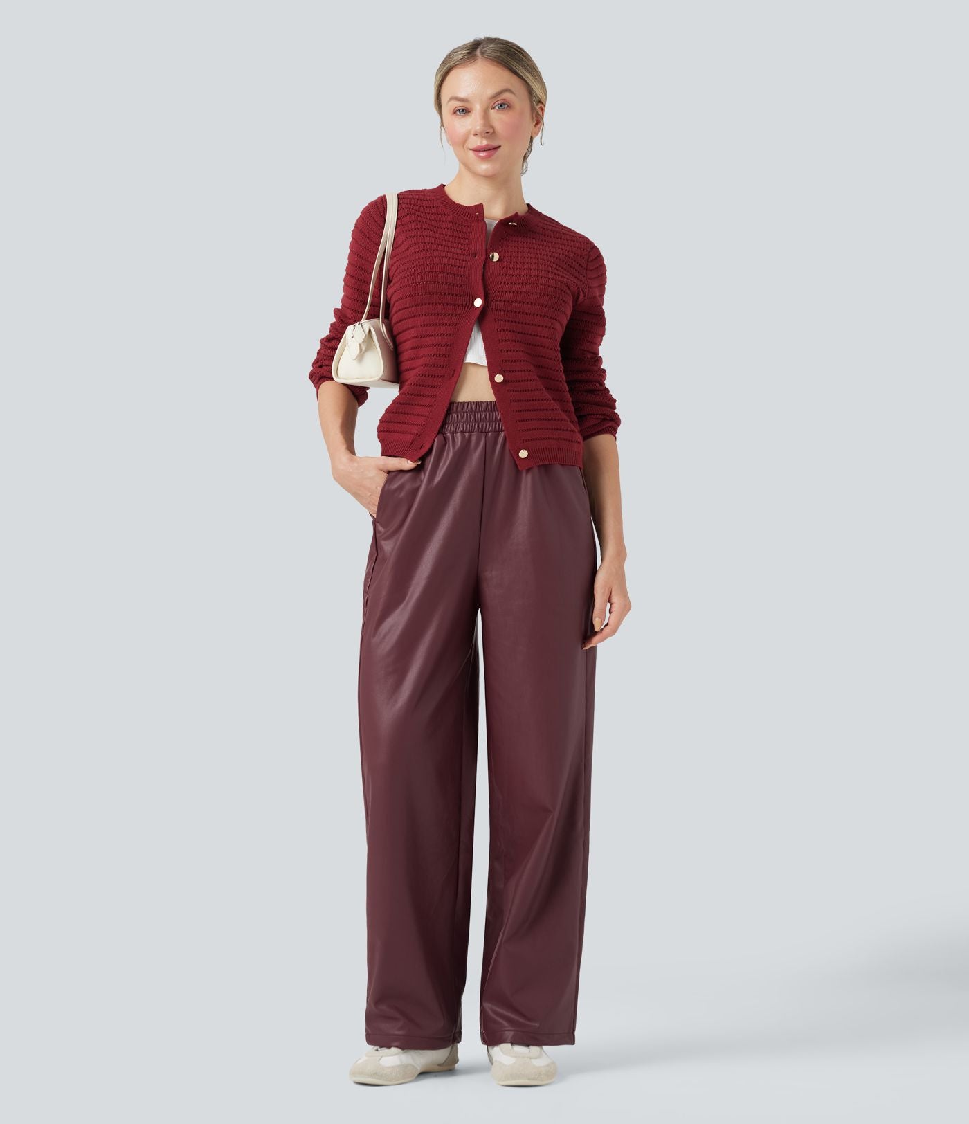 Pantalon décontracté tissu enduit taille haute coupe droite avec poches