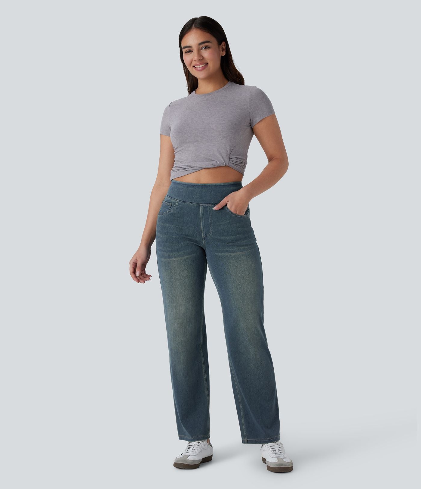Jean décontracté Halara Flex™ taille haute, extensible, délavé, jambes droites avec poches multiples