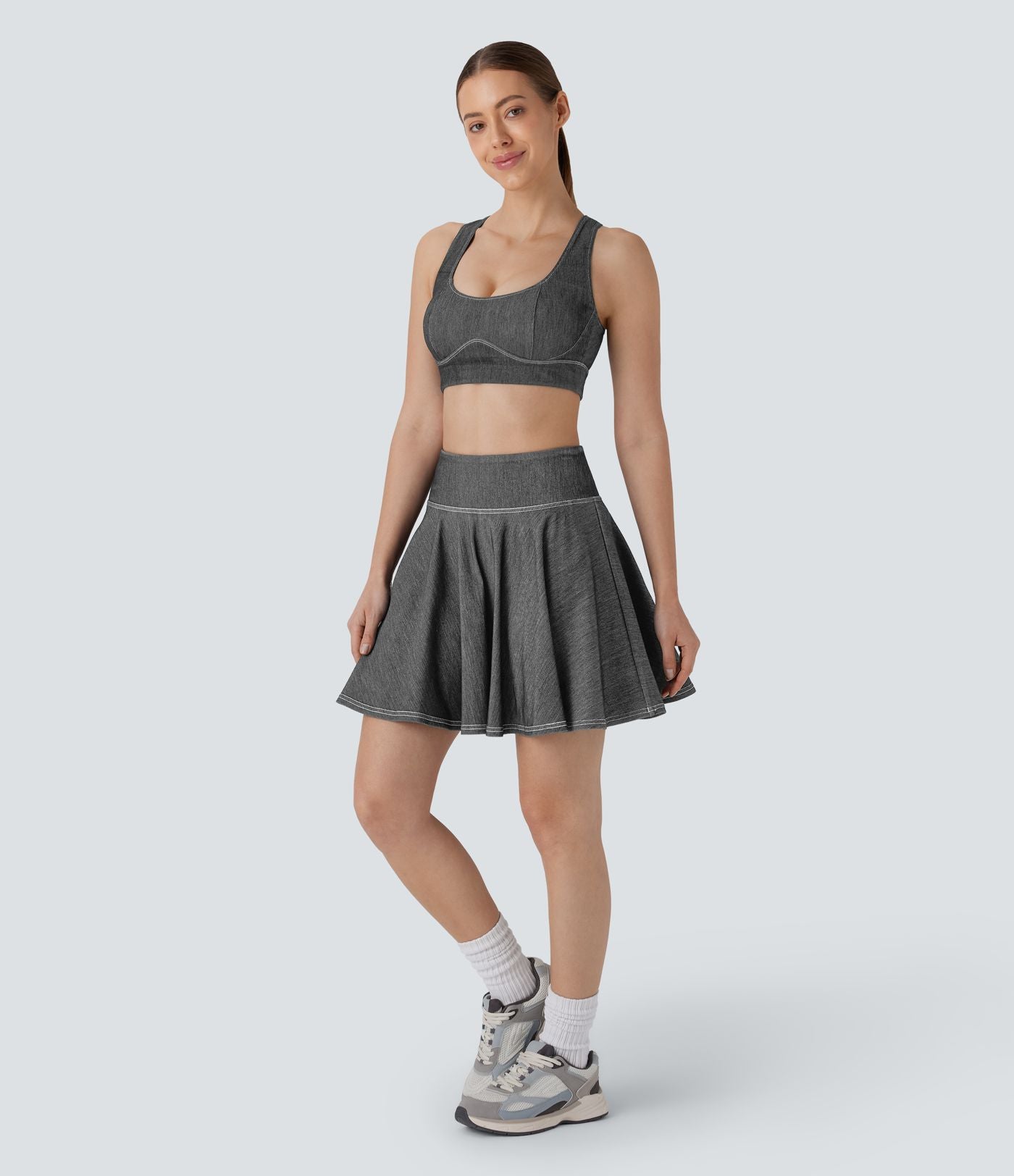 Mini-jupe tennis denim 2-en-1 HalaraMagic™ tricot extensible Cool Touch délavé taille haute avec poches