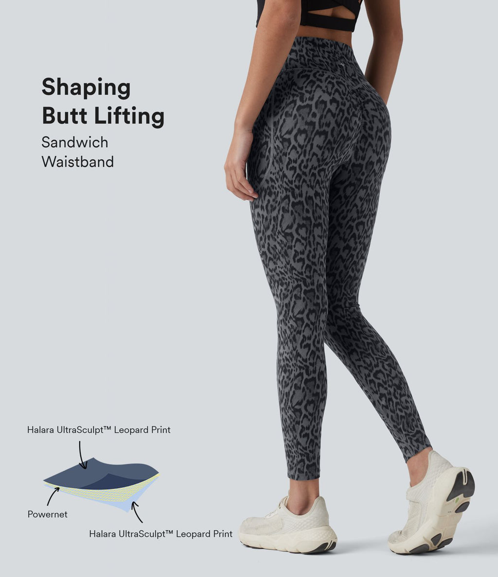 Legging d'entraînement taille haute gainant effet push-up imprimé léopard Halara UltraSculpt™ avec poches