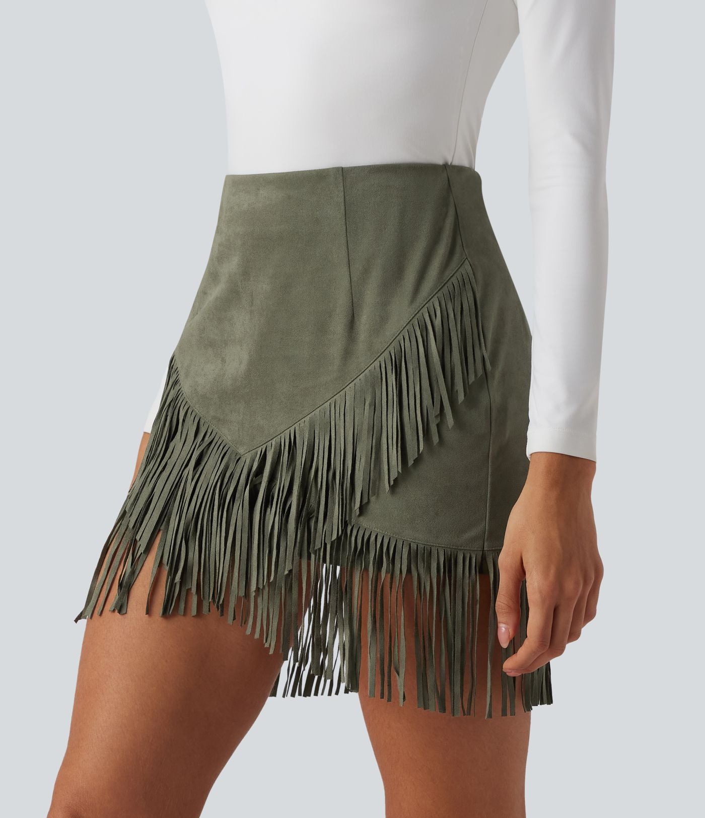 Jupe mini moulante décontractée 2-en-1 effet daim taille haute à franges
