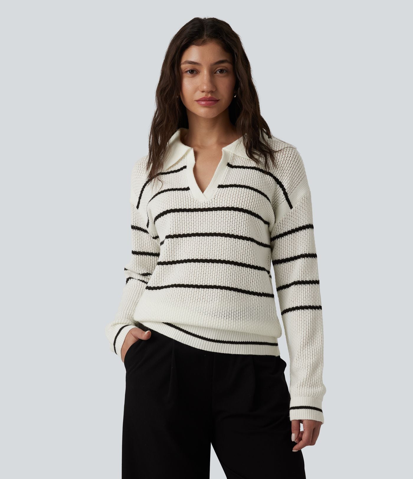 Pull casual col V manches longues à rayures