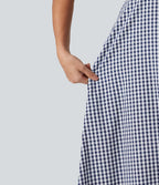 Robe débardeur midi décontractée col rond sans manches en vichy froissé avec poches