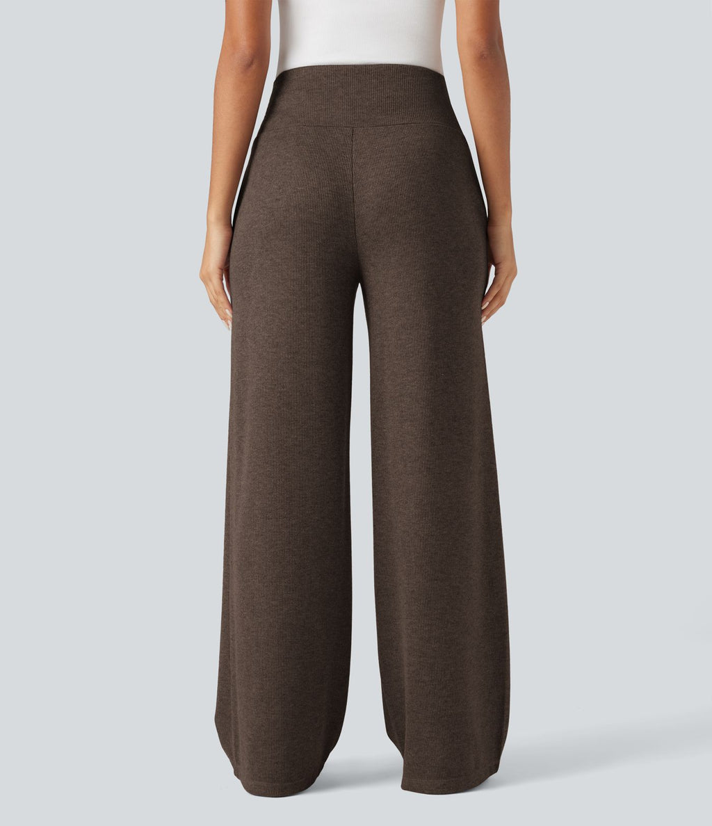 Pantalon jogging large décontracté côtelé gainant taille haute avec cordon de serrage et poches