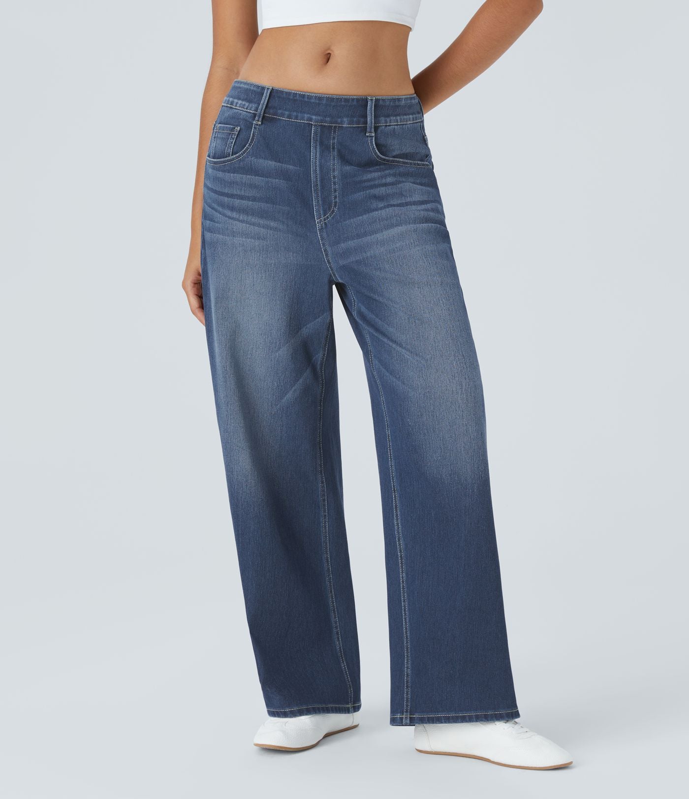 Jean Casual Halara Flex™ Taille Mi-Haute à Jambes Larges Tricot Extensible Lavé avec Poches Multiples