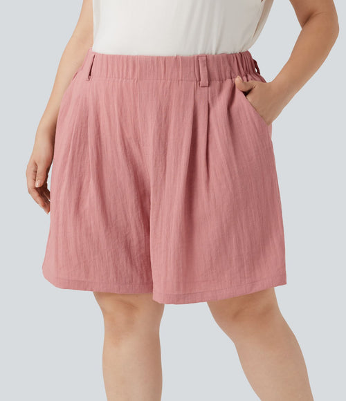 Bermuda décontracté grande taille aspect lin taille haute avec poches
