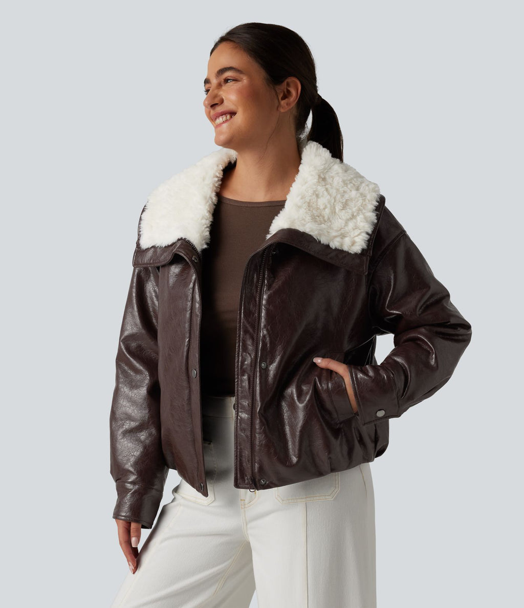 Veste casual en simili cuir à col en fausse fourrure et fermeture éclair avec poches