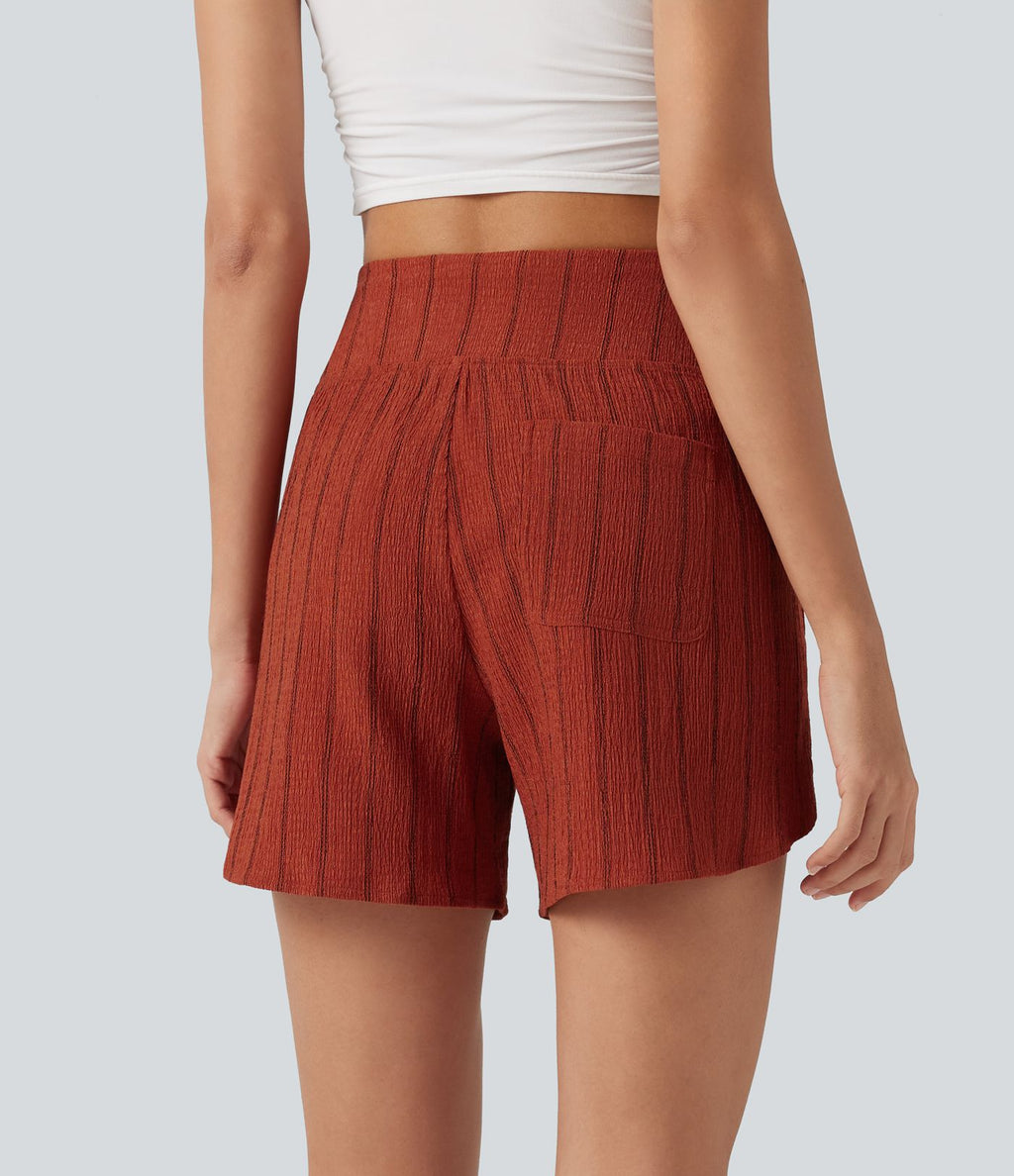 Short casual taille haute ourlet arrondi rayures avec poches