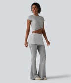 Pantalon évasé casual taille mi-haute à rayures avec ceinture repliable