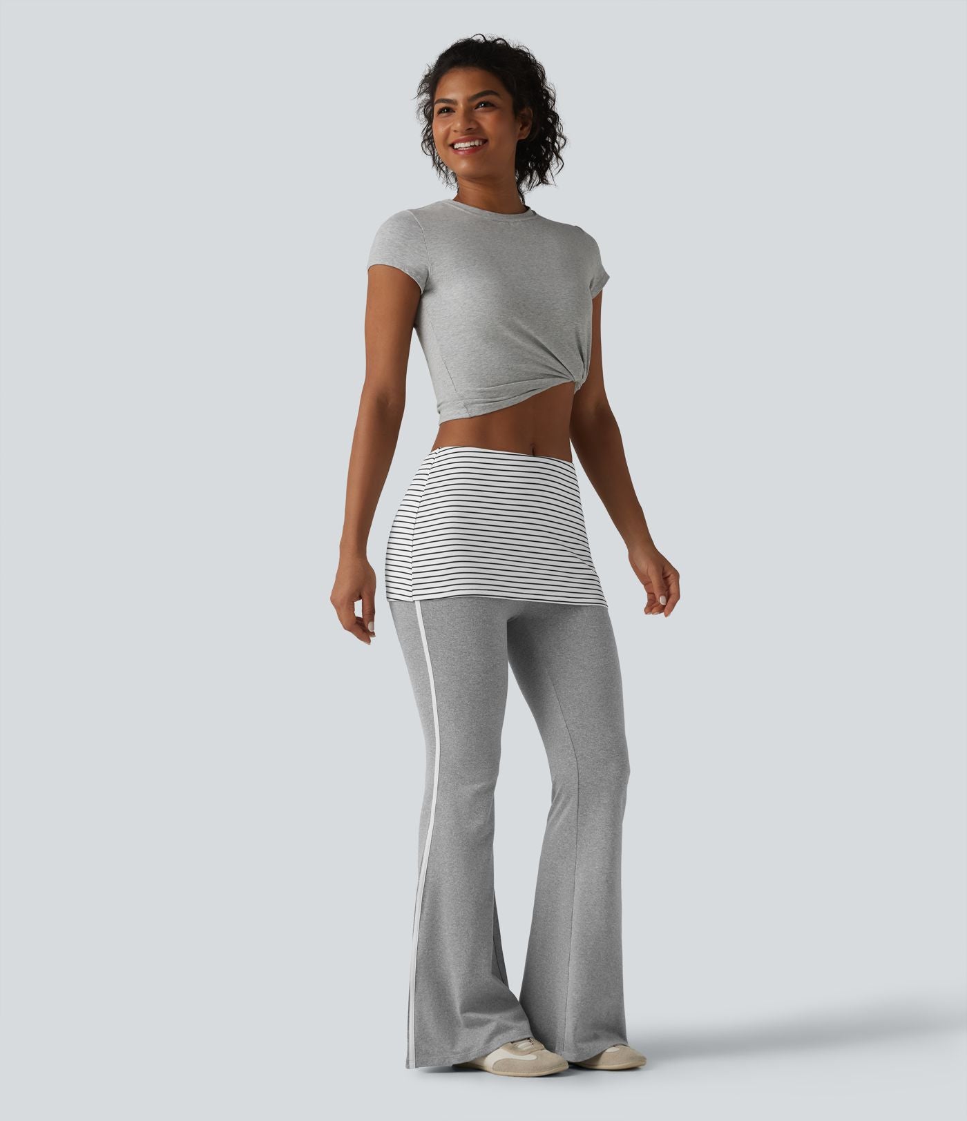Pantalon évasé casual taille mi-haute à rayures avec ceinture repliable