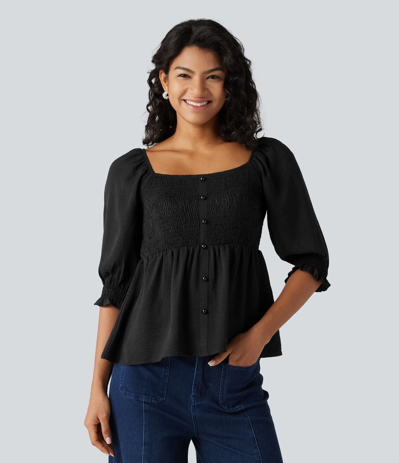 Blouse casual babydoll col carré à manches bouffantes mi-longues et détails froncés