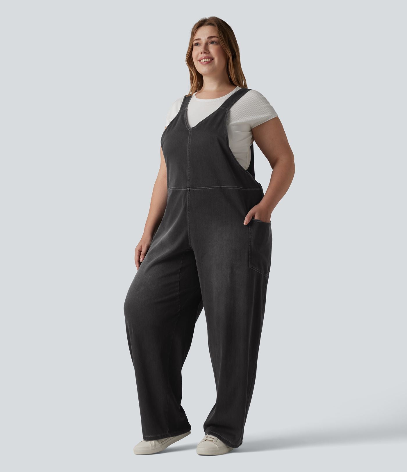 Salopette décontractée Halara Flex™ grande taille en maille denim extensible délavée col V avec poches