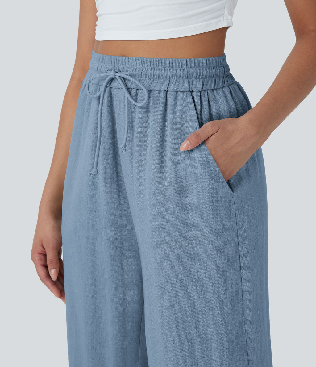 Pantalon décontracté aspect lin 7/8 à taille haute, jambe large avec cordon de serrage et poches latérales