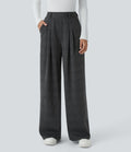 Pantalon taille haute décontracté large à carreaux, avec poches