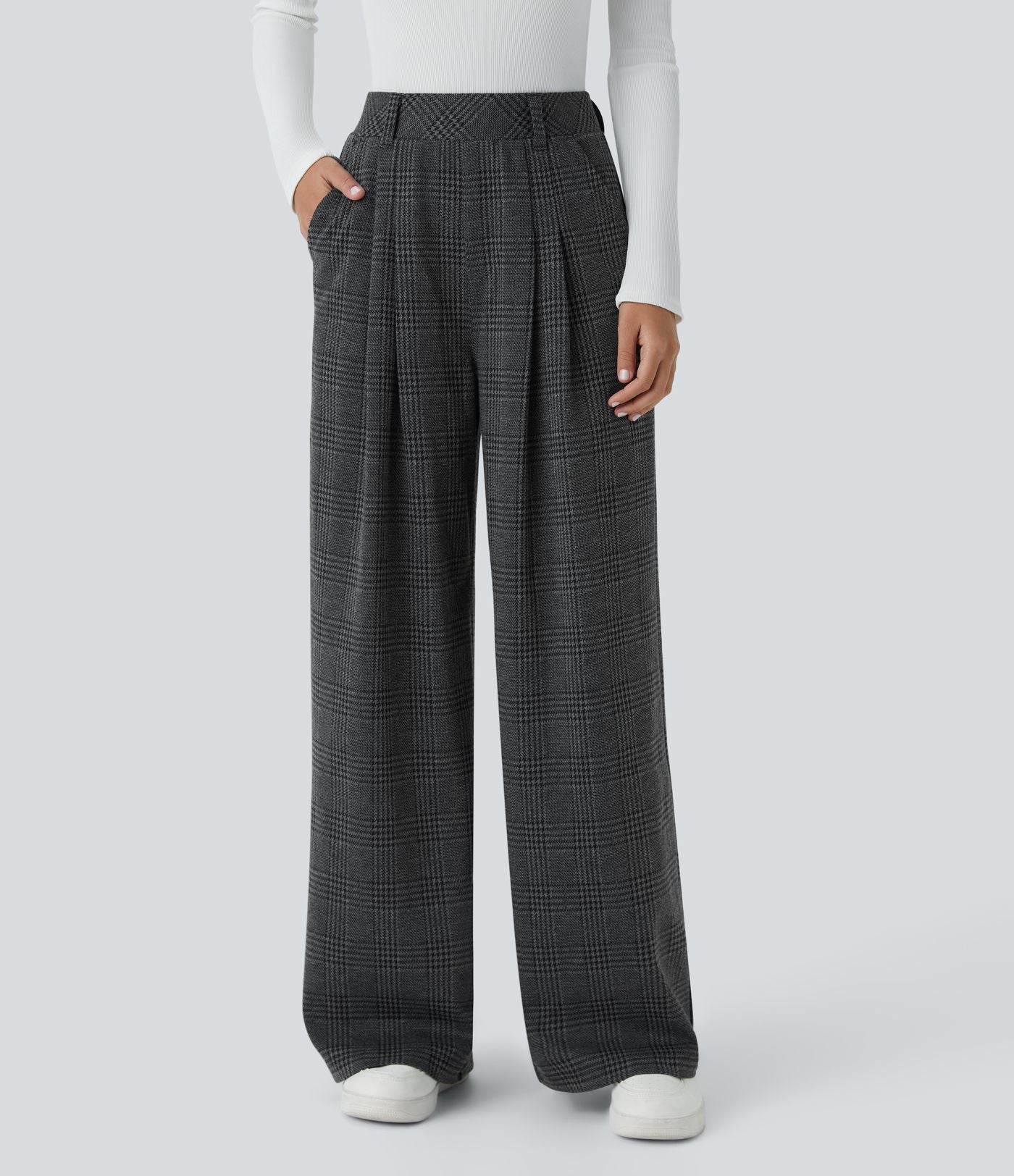Pantalon taille haute décontracté large à carreaux, avec poches
