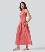 Robe midi décontractée à carreaux vichy, col bateau, sans manches, avec poches