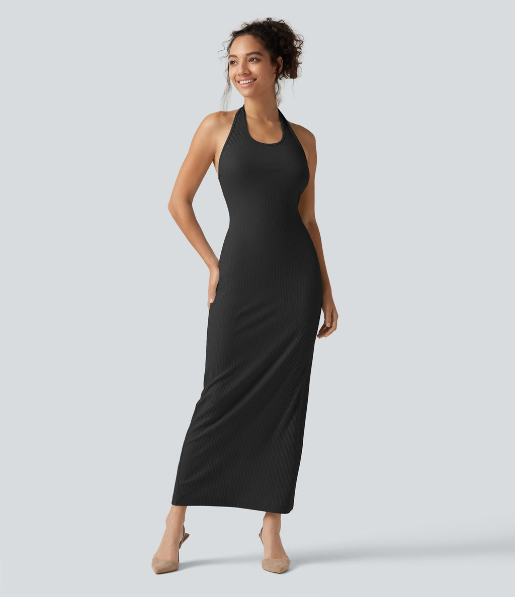 Robe midi moulante en maille côtelée à col halter