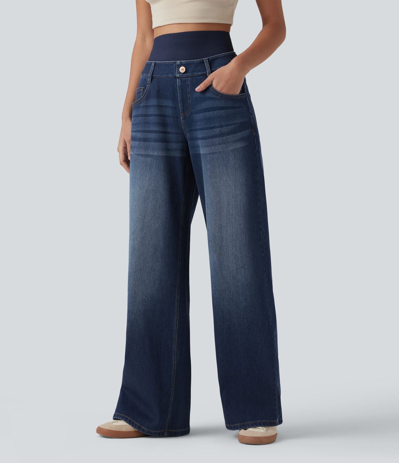 Jean large délavé Halara Flex™ taille haute gainant avec poches