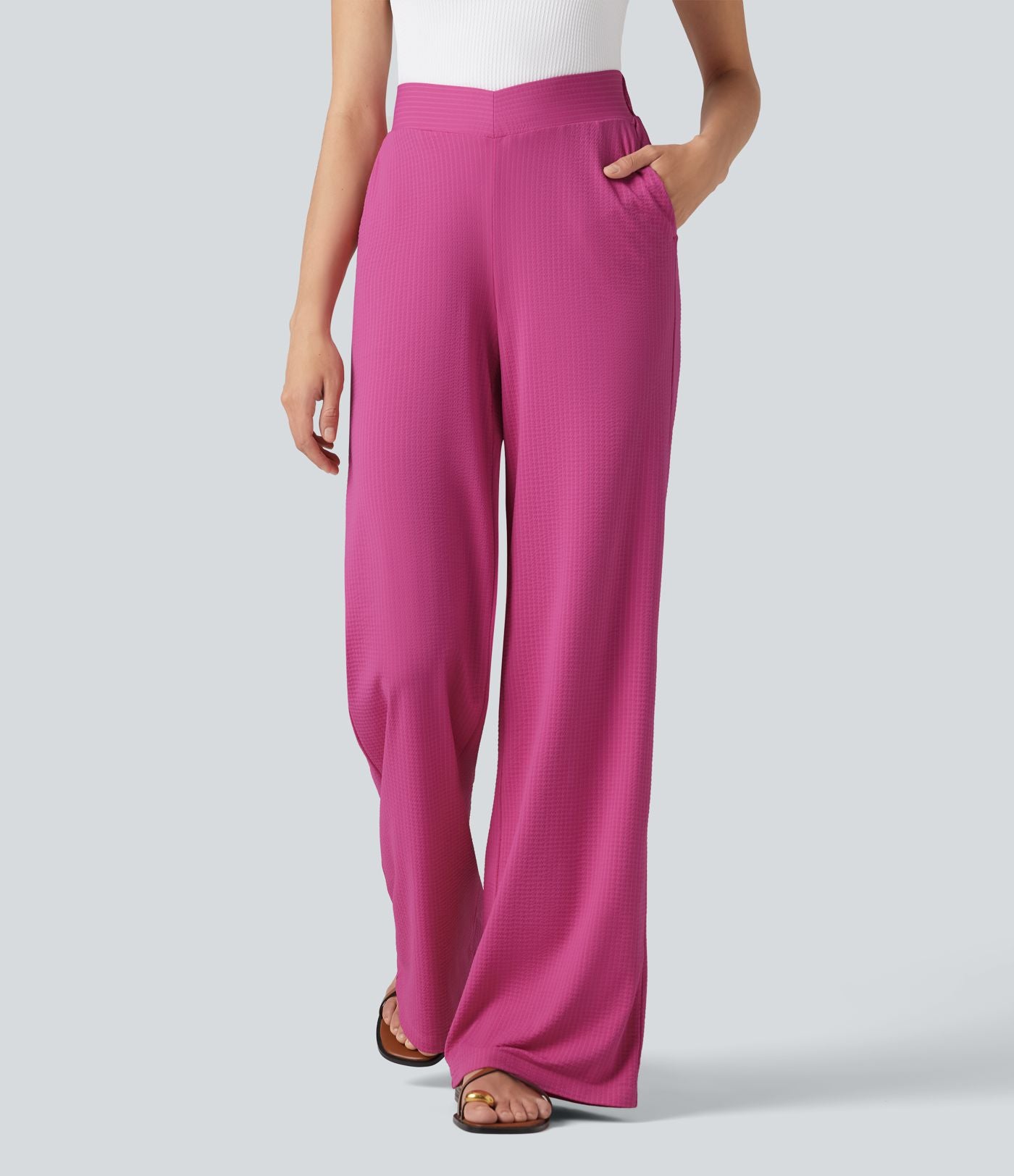 Pantalon décontracté évasé à rayures, taille haute, séchage rapide, ceinture en V, avec poches - Protection solaire UPF40+