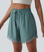 Short de yoga 2-en-1 fluide maille contrastante taille mi-haute 17,5 cm avec cordon de serrage