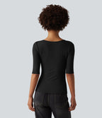T-shirt casual col rond échancré manches trois-quarts en maille côtelée