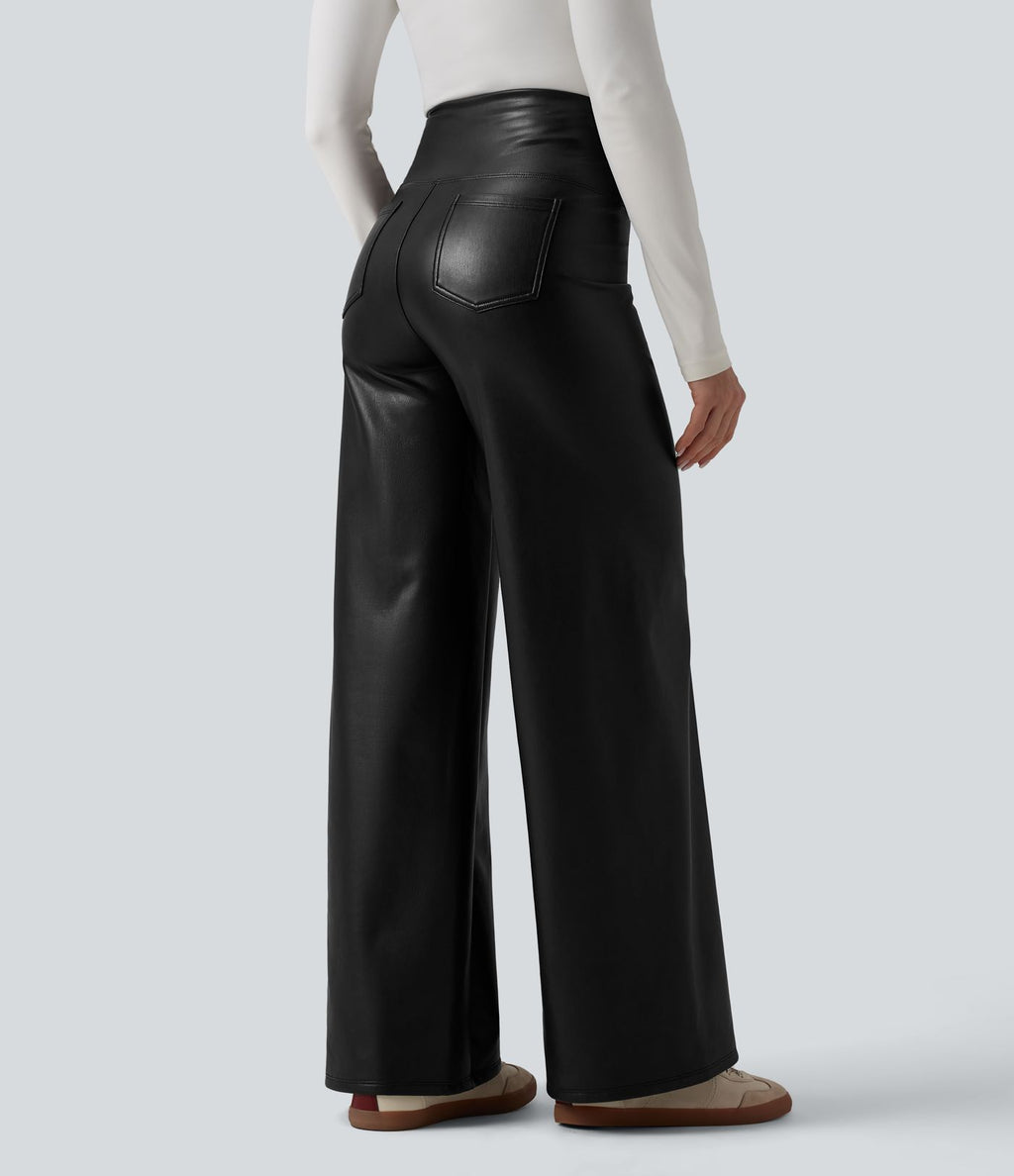 Pantalon large décontracté gainant taille haute extensible en molleton PU avec poches