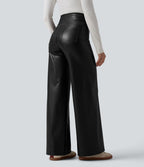 Pantalon large décontracté gainant taille haute extensible en molleton PU avec poches