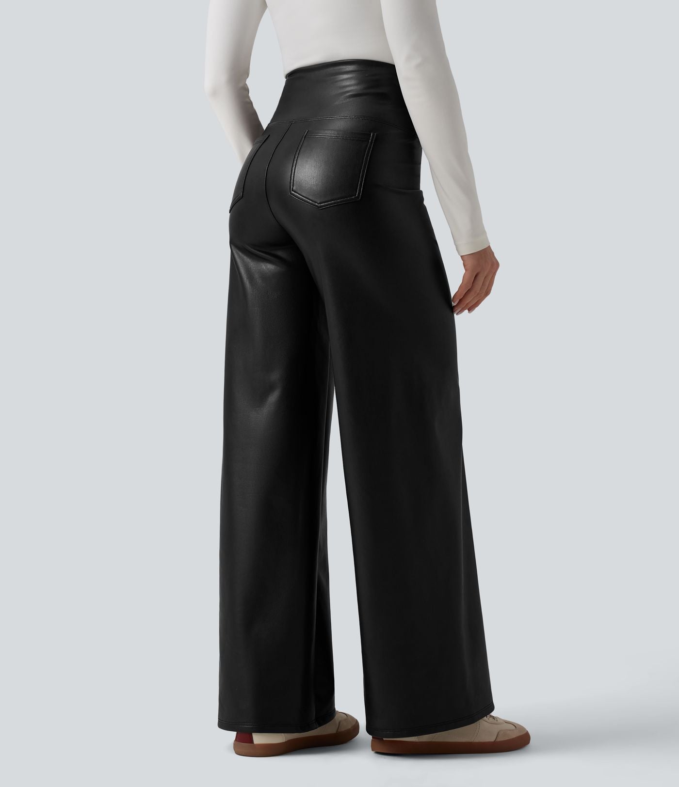 Pantalon large décontracté gainant taille haute extensible en molleton PU avec poches
