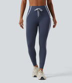 Legging de yoga 7/8 ventre plat taille haute avec cordon de serrage rayé color block et poches