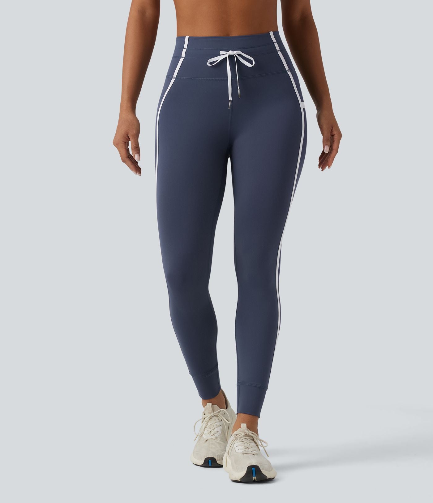 Legging de yoga 7/8 ventre plat taille haute avec cordon de serrage rayé color block et poches