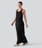 Robe longue casual drapée sans manches à dos ajouré avec poches