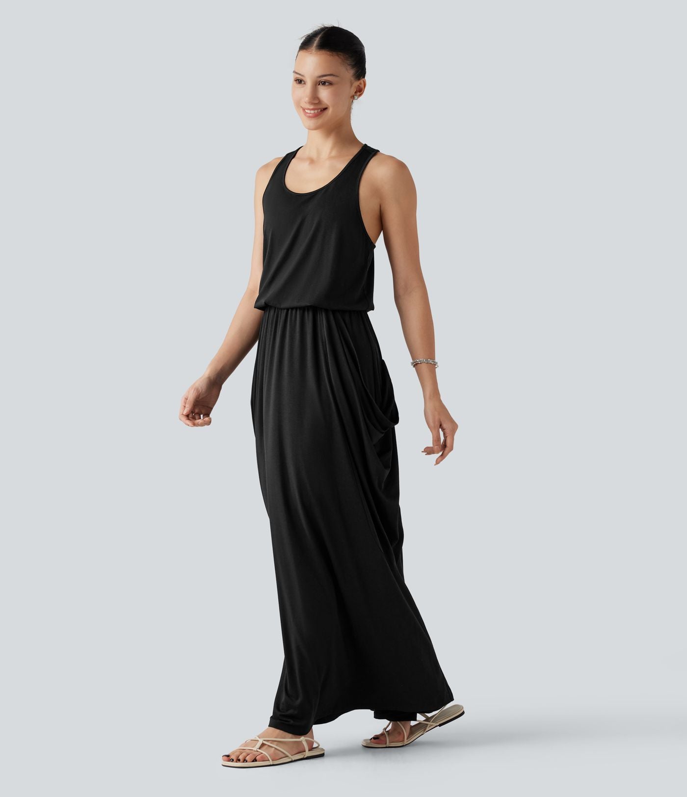 Robe longue casual drapée sans manches à dos ajouré avec poches