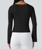 Top de sport danse côtelé col bénitier manches longues