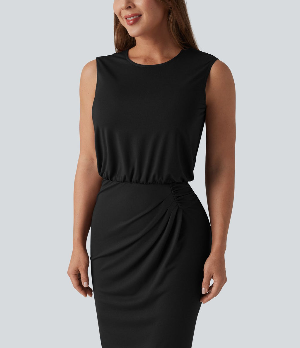 Robe midi tailleur col rond sans manches dos goutte d'eau