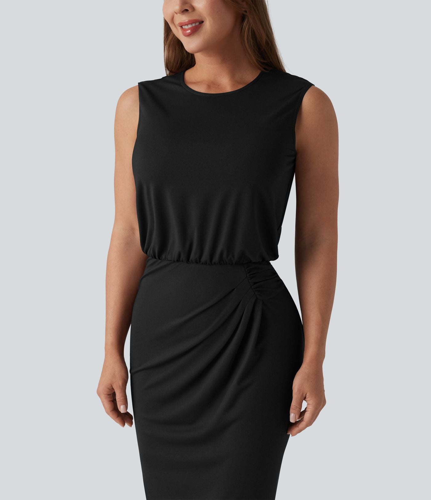 Robe midi tailleur col rond sans manches dos goutte d'eau
