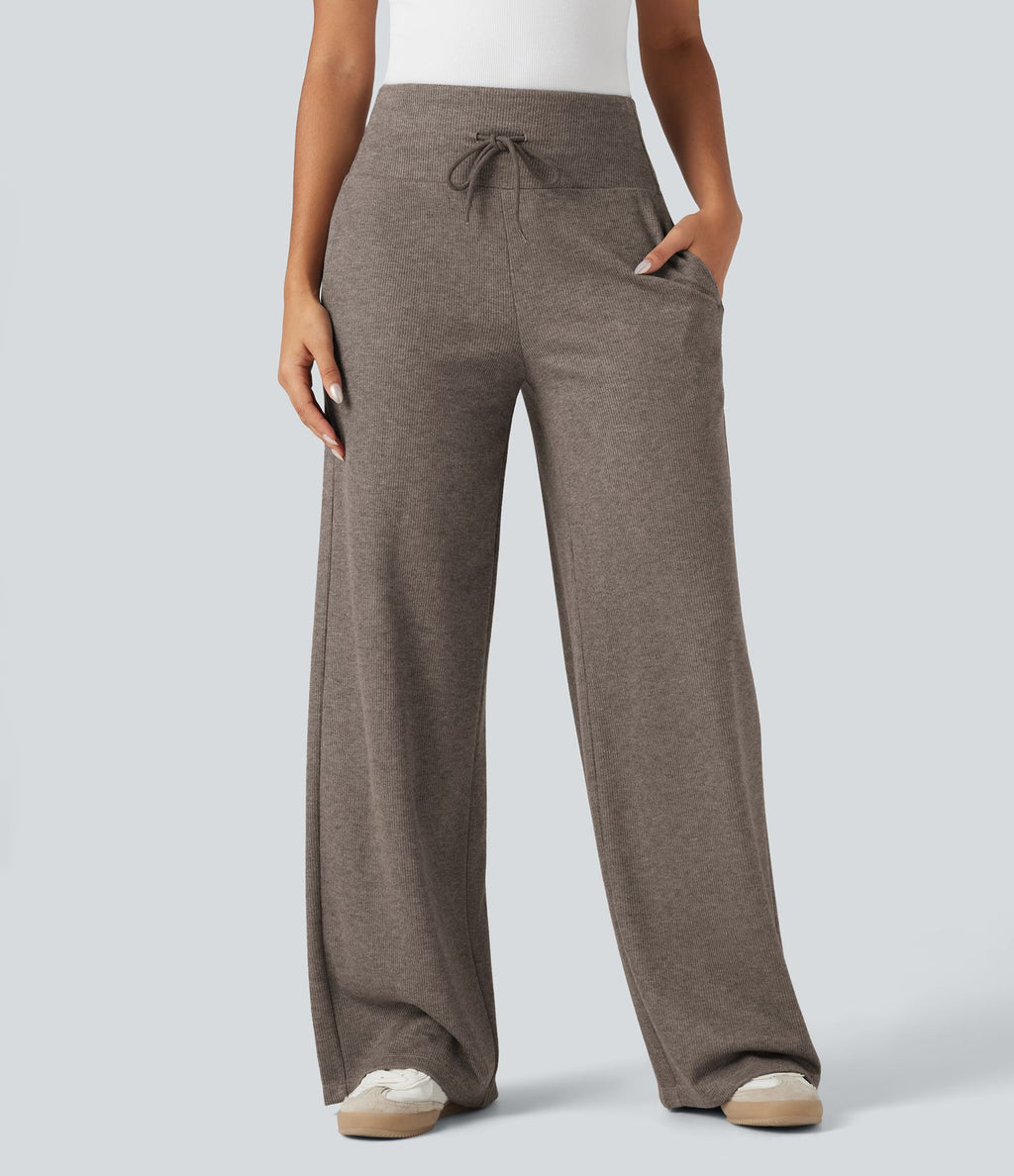 Pantalon jogging large décontracté côtelé gainant taille haute avec cordon de serrage et poches