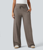 Pantalon jogging large décontracté côtelé gainant taille haute avec cordon de serrage et poches