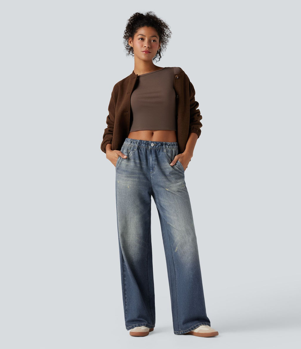 Jogging jean décontracté en molleton French Terry imprimé denim taille mi-haute avec poches